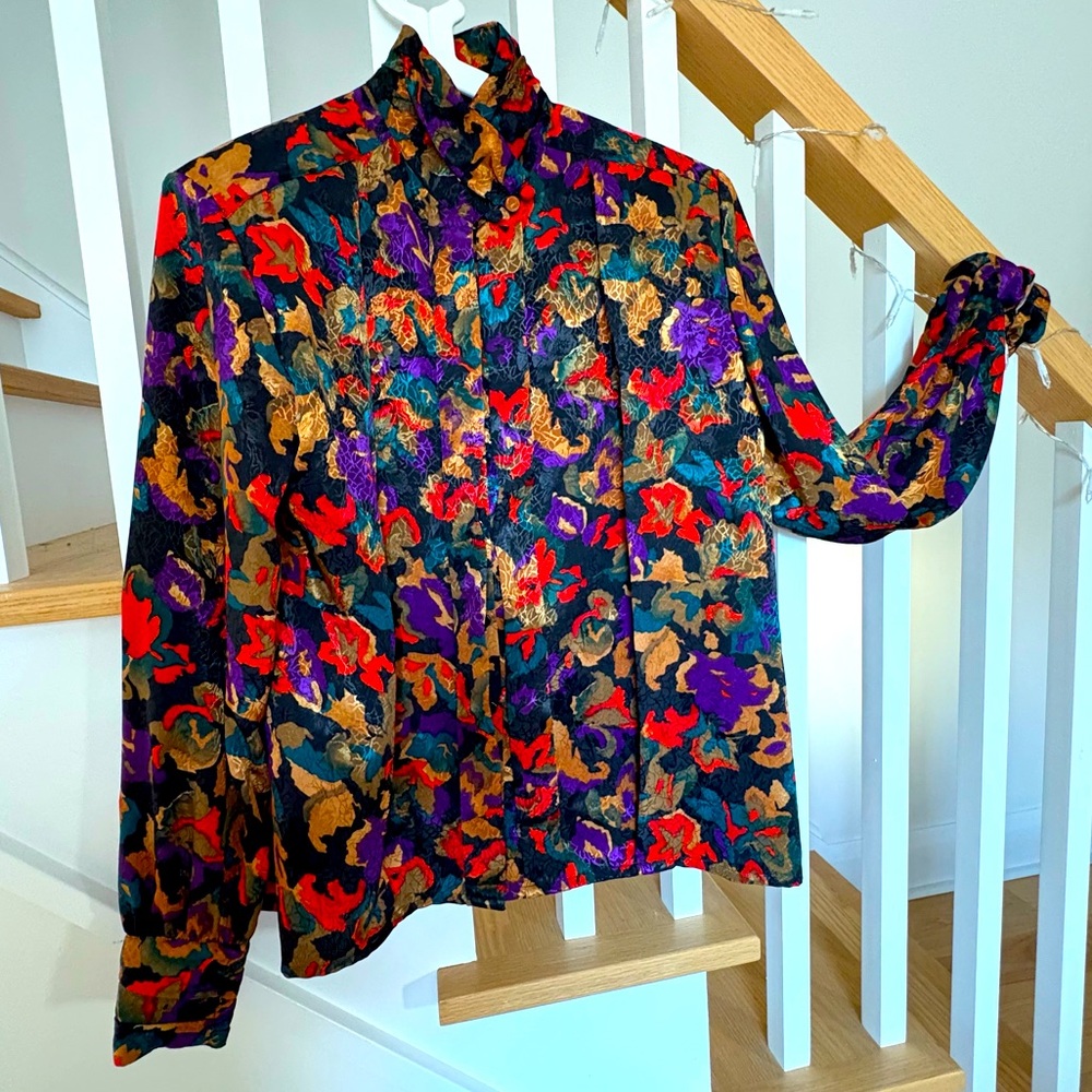 Vintage 80s artsy high neck colourful blouse